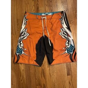 Fox Riders Co Men's Board Shorts Orange Patterned Flame Skulls Logo Size 38